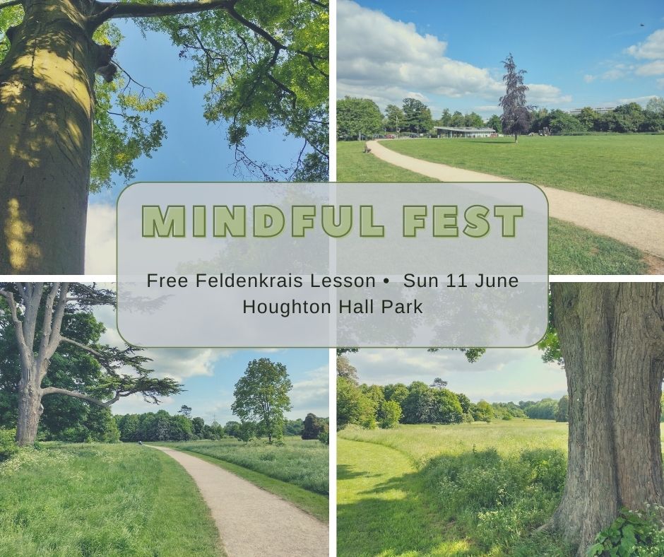 Images of Houghton Hall Park and text saying our free Feldenkrais class will be at the Mindfulness Festival there